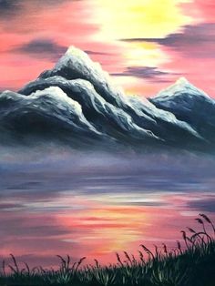 a painting of some mountains in the sky with clouds and water below it at sunset