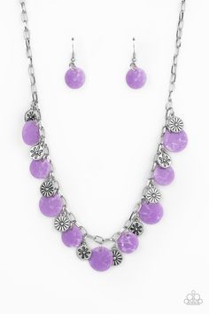 A whimsical collection of mismatched silver floral charms and purple acrylic discs swing from a silver chain, creating a vivacious fringe below the collar. Features an adjustable clasp closure.

 Sold as one individual necklace. Includes one pair of matching earrings. Live Text, Purple Acrylic, Rose Gold Frame, Purple Gems, Purple Jewelry, Purple Necklace, Fringe Necklace, Silver Frames, Paparazzi Accessories