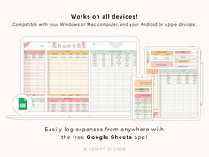 an image of a computer screen with the text, works on all devices easily log experiences from anywhere with the free google sheets app