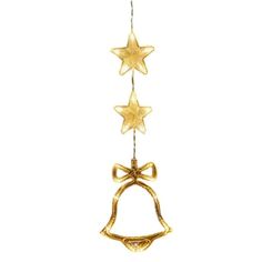 three golden bells with bows hanging from the top and two stars on each side, all decorated in gold