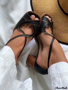 Olivia Mark - Womens Chunky Heel Peep Toe Hollow Out Sandals Sepatu Pump, Sandal Kulit, Ladies Pumps, Ladies Heels, Summer Pumps, Basic Heels, Mid Heel Shoes, Square Toe Sandals, Handmade Sandals