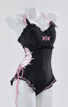 Black and Pink Gothic One Piece Swimsuit Emo Bathing Suits, Kawaii One Piece, Goth Bathing Suit, Kawaii Bathing Suit Bikinis, Bathing Suit Ideas, Swimsuit Kawaii, Kawaii Swimsuit Bikinis, Goth Swimsuit, Gothic Swimsuit