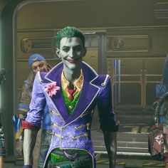 the joker and other characters are standing in front of a subway car, with one person wearing