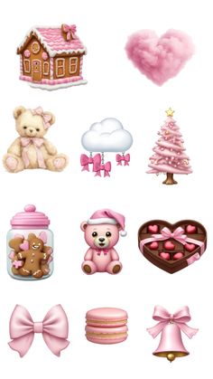 a bunch of different items that are in the shape of hearts and teddy bears on a white background