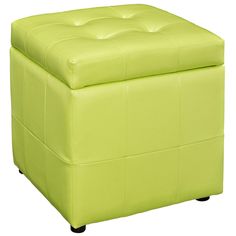 a lime green leather ottoman with wheels on the bottom and footrests is shown in front of a white background