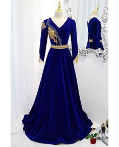 Get 10% off now! Buy vneck royal blue velvet evening dress long sleeved at cheap price online. Free stable shipping and pro custom service since 2009. Luxury Royal Dress For Festive Occasion, Luxury Royal Dress For Festive Season, Womens Royal Color Dress Veaul, Luxury Long Sleeve Medieval Dress For Costume Party, Luxury Royal Blue Designer Dress, Royal Blue Velvet Dress Wedding, Luxury Royal Blue Anarkali Dress, Luxury Royal Blue Dresses For Eid, Luxury Royal Blue Dress With Resham Embroidery