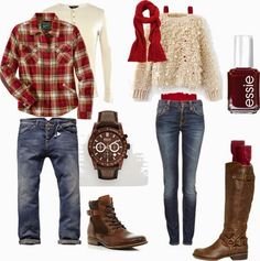 some clothes and accessories are laid out on a white surface, including boots, sweaters, watch, scarf, jeans