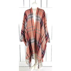 Red Tartan Plaid Tassel Fringe Kimono Cardigan Cover Up Jacket One Size Measurementstaken Flat -Size: One Size Fits All -Across Seam To Seam: 50" -Length With Fringe: 39" Features -Lightweight Soft Cozy Woven Wool/Polyester/Acrylic Blend -Natural Fall Colors -Bohemian Gypsy Oversized Flowing Style -Classic Kimono Style With An Open Front And Generous Arm Holes -The Perfect Layering Piece That Can Easily Be Dressed Up Or Down -So Cozy And Perfect For Those Cooler Days Fringe Shawl Cardigan For Fall, Fringe Shawl Outerwear For Fall, Long Fringed Outerwear For Winter, Fringed Long Sleeve Poncho For Fall, Long Sleeve Fringe Poncho For Fall, Long Winter Outerwear With Fringe, One Size Fringe Cardigan For Fall, Fringe Long Sleeve Poncho For Fall, Long Fringe Outerwear For Winter