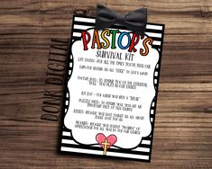 a pastor's survival kit with a bow on the front, and a card attached to it