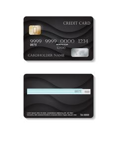 two black credit cards with white and blue lines on the front, one is empty