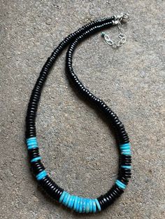 Sterling Silver Graduated Black Onyx with Turquoise Bead Necklace. 17 Inch Turquoise Beaded Necklaces With Black Beads As Gift, Turquoise Necklace With Black Beads As Gift, Turquoise Green Onyx Necklace For Gift, Handmade Black Turquoise Necklace With Round Beads, Adjustable Black Beaded Turquoise Necklace, Turquoise Bead Necklaces, Spiny Oyster, Cluster Pendant, Multi Stone