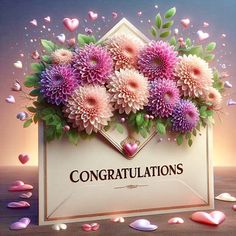 congratulations card with pink flowers and hearts