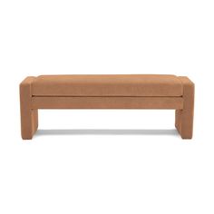 an upholstered bench with no legs on the bottom and one foot resting on it