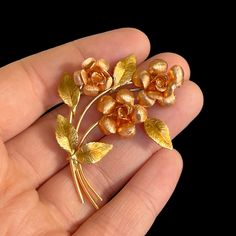 "Signed Krementz rose/yellow gold brooch. A lovely 3D flower brooch. Untested gold tone metal. Approximately 1.75\"  inches long and 1.5\" inches wide. Very good vintage condition. Circa 1950's.  A lovely Mother's Day, Birthday, Anniversary, Holiday gift for that special someone. Contact me for combined shipping." Gold Flower Brooch Lapel Pin, Formal Gold Brooch With Rose Design, Formal Rose Gold Flower Brooches, Formal Rose Gold Flower Brooch, Formal Rose Gold Flower Shaped Brooch, Gold Flower-shaped Brooches For Gifts, Gold Flower-shaped Brooch For Gift, Gold Flower Shaped Brooch As Gift, Gold Flower Shaped Brooch For Gift