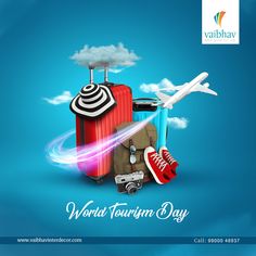 an advertisement for the world tourism day with luggage, shoes and a plane in the sky