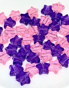 ♥ Cute pink and purple translucent Star beads. These beads are adorable. Use them in your custom mask, bracelet, keychain, or necklace projects ♥ Dimensions: 13mm with a 4mm hole. Stocking Anarchy, Kandi Beads, Custom Mask, Pink Charm, Bracelet Keychain, Disney Planning, Beads Diy