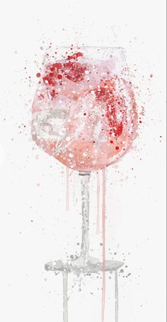 a wine glass with red liquid pouring out of it's top, on a white background