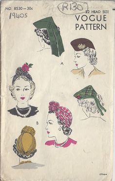 ~ Circa/Date: 1942 ~ Details:  Two style variation HAT by VOGUE  ~ Size/Measurements (Inches):    Head Size: 22″     Please Note: ~ You are buying a 'Professional Reproduced' copy of this sewing pattern. Copied from the original sewing pattern. Produced in Full Scale Pattern Pieces ready to cut with full instructions included. Reproduced on high quality 50 gm paper with black ink, durable and easier for reuse. Printed by a Professional Printing Company.   ~ With this product comes an accompanying 'Booklet' and inside the Booklet it includes: ~ A 2-page Instructions and Illustrations on 'How to Adjust Your pattern to your Personal Measurement.' ~ Personal Measurement Chart ~ Body Form Illustrations ~ Fitting Checklist ~ Metric Equivalency Chart ~ Note Pages ~ Fabric Worksheet ~ Garment Hist 1930s Hats, Paper Carrier Bags, Vintage Vogue Sewing Patterns, Patron Vintage, Vogue Vintage, Sew In Weave, Hat Patterns To Sew, Scale Pattern, Cap Patterns