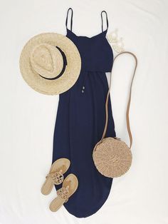 Weekly Roundup navy blue side slit maxi dress beach vacation outfit flatlay straw hat round handbag purse tory burch miller sandals summer spring  #travelclothing #traveloutfits #vacationoutfits #vacationoutfit #vacationclothing #packing #packingtips #travel Hawaii Trip Outfits, Outfit Flatlay, Cruise Style, Round Handbag, Maxi Dress Beach, Beach Vacation Outfits, Dresses Casual Fall, Paphos, Beach Outfits