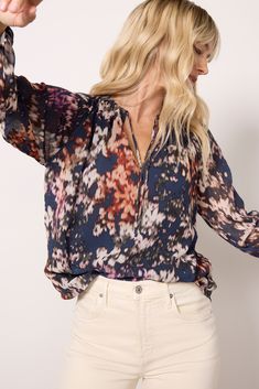 Finished in printed chiffon fabric, this gorgeous EVEREVE blouse will instantly elevate your wardrobe. The Elsie top features a lined silhouette, split tie neckline, and long puff sleeves with ladder stitch raglan seams. Ladder Stitch, Long Puff Sleeves, Chiffon Blouse, Chiffon Fabric, Body Measurements, Get Dressed, Puff Sleeves, Puff Sleeve, Split