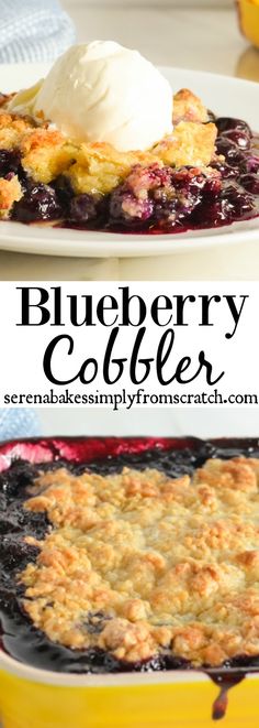 blueberry cobbler with ice cream on top and in a yellow bowl next to it