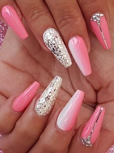 Acrylic sculpted nails with glitter, ombre, stripe and gems Side By Side Ombre Nails, Trendy Nails Ombre Glitter, Glitter Ombre Nails Coffin, Nails With Glitter Ombre, Pink Nails With Gems, Pink Ombre Nail Art, Nails With Gems, Rose Gold Nails Glitter, Nails With Glitter