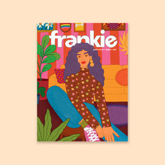 the front cover of frankie magazine featuring a woman with long purple hair sitting on a couch