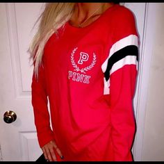 New Without Tags Pink Victoria’s Secret Red Long Sleeve Baseball Tee,Size Medium.Excellent New Condition, Smoke And Pet Free. University Red Long Sleeve Tops For Spring, Red Long Sleeve Top, Pink Outfits Victoria Secret, Victoria's Secrets, Pink Shirts, Long Sleeve Baseball Tee, Red Long Sleeve Tops, Hoodies For Women, Jersey Style