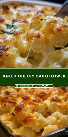 baked cheesy cauliflower casserole in a pan with a spoon