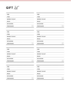 the printable gift list is shown in black and white, with text on it