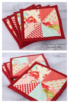 four red and white quilted placemats with flowers on them, one in the middle