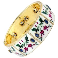 Enamel Blue Sapphire Diamond Bangle Bracelet | From a unique collection of vintage Modern Bracelets at https://www.1stdibs.com/jewelry/bracelets/modern-bracelets/. Sapphire Bangle, Modern Bangle, Diamond Bangle Bracelet, Retro Bracelet, 18k Gold Bracelet, Modern Bracelets, Yellow Gold Bangle, Vintage Bangles, Bangle Bracelet Set