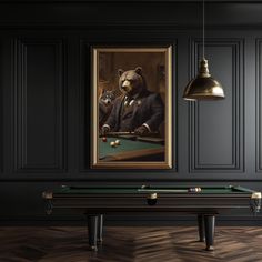 a painting of a bear in a suit and tie is on the wall above a pool table