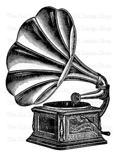 an old fashioned record player with a large horn on it's top, vintage line drawing