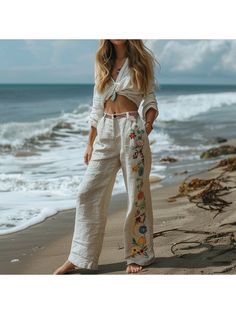 Women's Elegant Bottoms, Resort Ethnic Print Loose Trousers Beige Floral Embroidery Pants For Summer, Bohemian Embroidered Beige Bottoms, White Bohemian Harem Pants, Beige Bohemian Embroidered Bottoms, Bohemian Linen Pants For Spring, Summer Embroidered Beige Pants, White Bohemian Pants For Beach Season, Spring Bohemian Embroidered Pants, Casual Linen Bottoms With Floral Embroidery