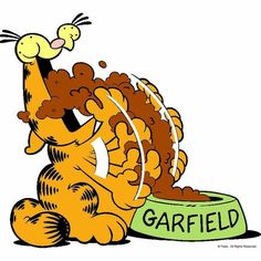 an image of garfield cat eating out of a bowl with the word garfield written on it