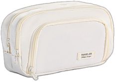 White Functional Cosmetic Bag With Zipper, Functional White Cosmetic Bag With Zipper, White Functional Cosmetic Bag With Zipper Pouch, Trendy White Pencil Case For Daily Use, White Rectangular Cosmetic Bag For Travel, Beige Portable Cosmetic Bag For School, Large Capacity White Cosmetic Bag As Gift, Large Capacity White Cosmetic Bag Gift, Portable Beige Cosmetic Bag For School