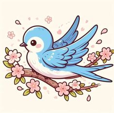 a blue bird sitting on top of a tree branch with pink flowers around its neck