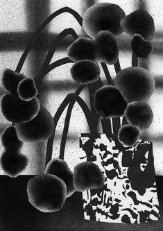 a black and white photo of flowers in a vase