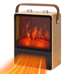 an electric heater with flames coming out of it's front and back sides