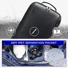 an open suitcase with the words dry wet separation pocket