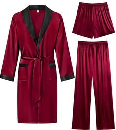 PRICES MAY VARY. Premium Fabric: 3 PCS men's silk satin robe sets are made of 95% Polyester, 5% Spandex high-quality imitation silk fabric, which is lightweight, soft, breathable, smooth, and skin-friendly. Lightweight material with silky feel for a comfy night sleep Features: 3-piece Classical kimono shawl collar bathrobe with a gorgeous and classy look. Nicely tailored satin robe set includes a knee-length, long-sleeve robe with two front pockets, adjustable/removable belt, and inside ties; sh Robe Silk, Silky Robe, Male Kimono, Lounge Robes, Hooded Robe, Satin Kimono, Silk Robe, Night Sleep, Shorts Pants