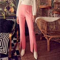 New Without Tags. In Perfect Condition. Never Worn. Light Pink Pants With Slit! * Bell Bottom Style Pants * Front Slits At Bottom * Hidden Zipper Down Back * Model Shown In Size S Size + Fit - Model Is Wearing Size S - Measurements Taken From Size S - 5'9" / 175cm - 32-24-34 Fabric: 100% Polyester White Bell Bottoms, Light Pink Pants, Suede Pants, Velour Pants, Linen Blend Pants, Pink Doll, Perfect Pant, Roxy Women, Flare Leg Pants