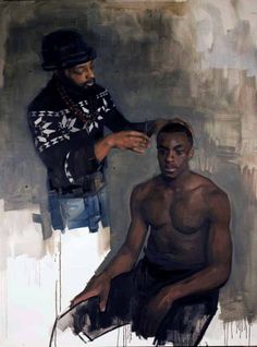 a painting of a man getting his hair cut by another man who is wearing a hat