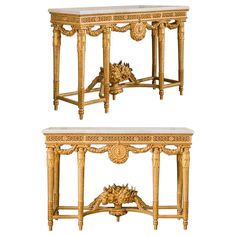 two tables with marble top and gold decoration