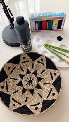 a table with some crafting supplies on top of it and an object next to it