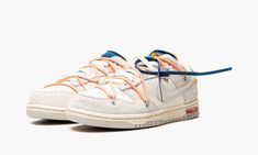 The Off-White x Nike Dunk Low “Lot 19” is one of fifty colorways of the retro basketball, skate, and lifestyle shoe designed by Virgil Abloh for the “Lot 50” collection.  Released by Nike in August 2021, “Lot 50” succeeded Abloh’s influential “The 10” collaboration with Nike and Jordan that saw models like the Air Jordan 1, Nike Air Max 97, and others, undergo dramatic changes.  Here, on “Lot 19,” Sail leather appears on the perforated toe, mid-panel, collar, and heel.  Both the overlays and Swo Nike Dunk Low Off White, Off White Dunk, Sport Nike, Nike Sports, Nike Air Max 97, Suede Material, Sports Footwear, Nike Dunk Low, Adidas Samba