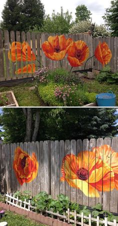 two pictures of orange flowers painted on the side of a wooden fence and in front of a garden