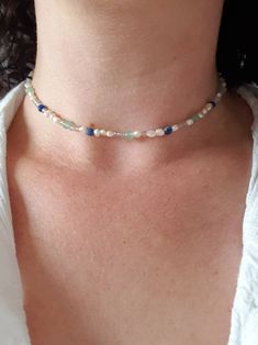 Meet the Cool Waves gemstone beaded choker, lovingly handmade with an array of high quality gemstones. DETAILS: - Made with aventurine, labradorite, lapis lazuli and baroque freshwater pearls. - Each bead is strung by hand, chosen one by one to form your perfect necklace.  - Made with sterling silver clasp threaded onto silver beading wire. The clasp is handmade with two gemstones at either side (a Dainty Rose special touch).  It would be a perfect gift for yourself or a loved one.  It is a dain Gemstone Beaded Choker Necklace For Gifts, Gemstone Beaded Choker Necklace As Gift, Gemstone Choker Necklace, Christmas Gift Daughter, Dainty Rose, Gemstone Properties, Gemstone Choker, Small Beads, Semi Precious Stone