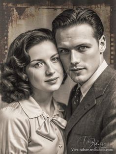 a black and white photo of a man and woman